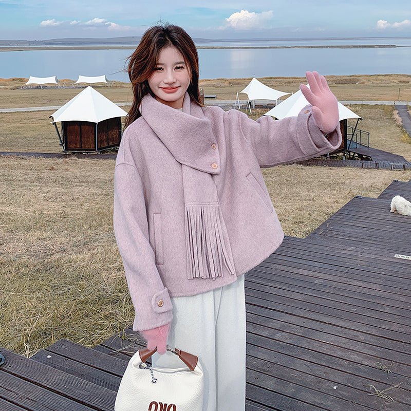 Autumn and Winter New Double - sided Cashmere Coat for Women, Short - length with Detachable Scarf, Woolen Jacket - 幽兹