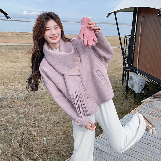 Autumn and Winter New Double - sided Cashmere Coat for Women, Short - length with Detachable Scarf, Woolen Jacket - 幽兹