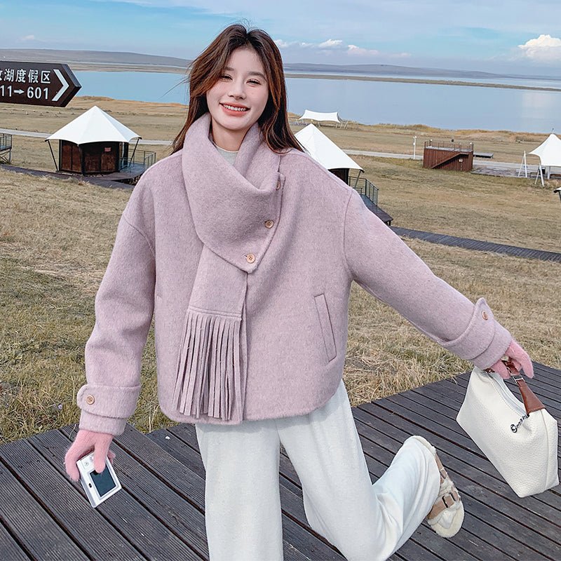 Autumn and Winter New Double - sided Cashmere Coat for Women, Short - length with Detachable Scarf, Woolen Jacket - 幽兹