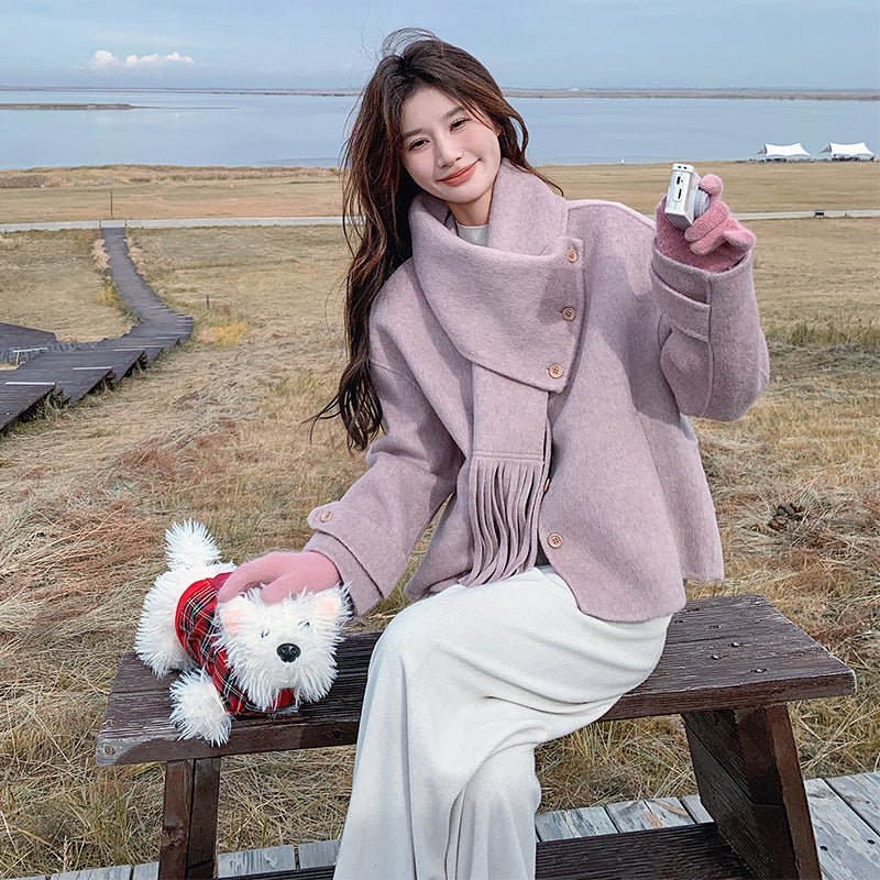 Autumn and Winter New Double - sided Cashmere Coat for Women, Short - length with Detachable Scarf, Woolen Jacket - 幽兹