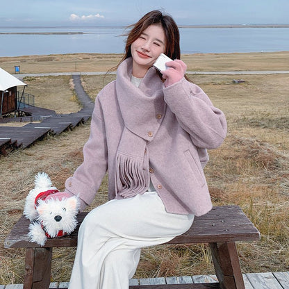 Autumn and Winter New Double - sided Cashmere Coat for Women, Short - length with Detachable Scarf, Woolen Jacket - 幽兹