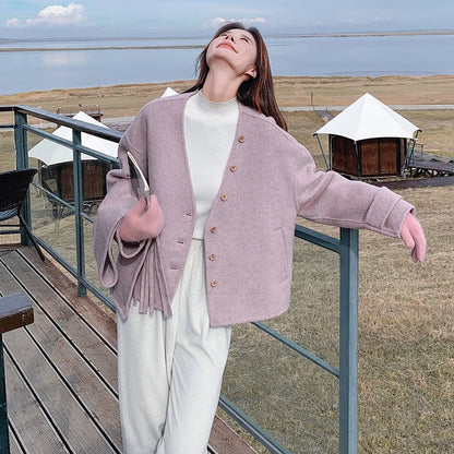Autumn and Winter New Double - sided Cashmere Coat for Women, Short - length with Detachable Scarf, Woolen Jacket - 幽兹