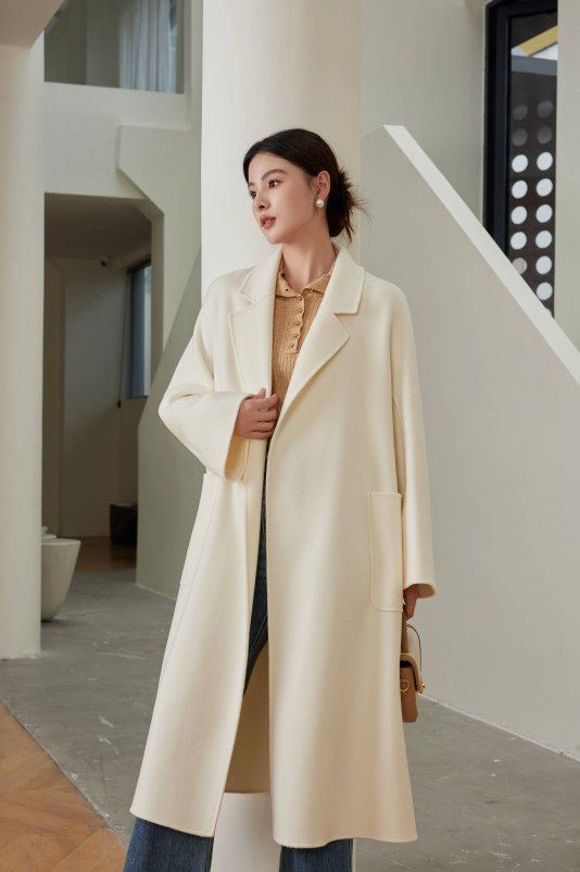Women's White M Labbro Robe - Style Double - faced Cashmere Coat | Long Belted Woolen Jacket - 幽兹