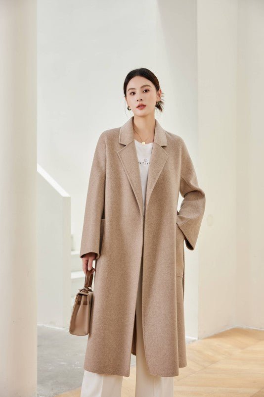 Women's Oat M Labbro Robe - Style Double - faced Cashmere Coat | Long Belted Woolen Jacket - 幽兹