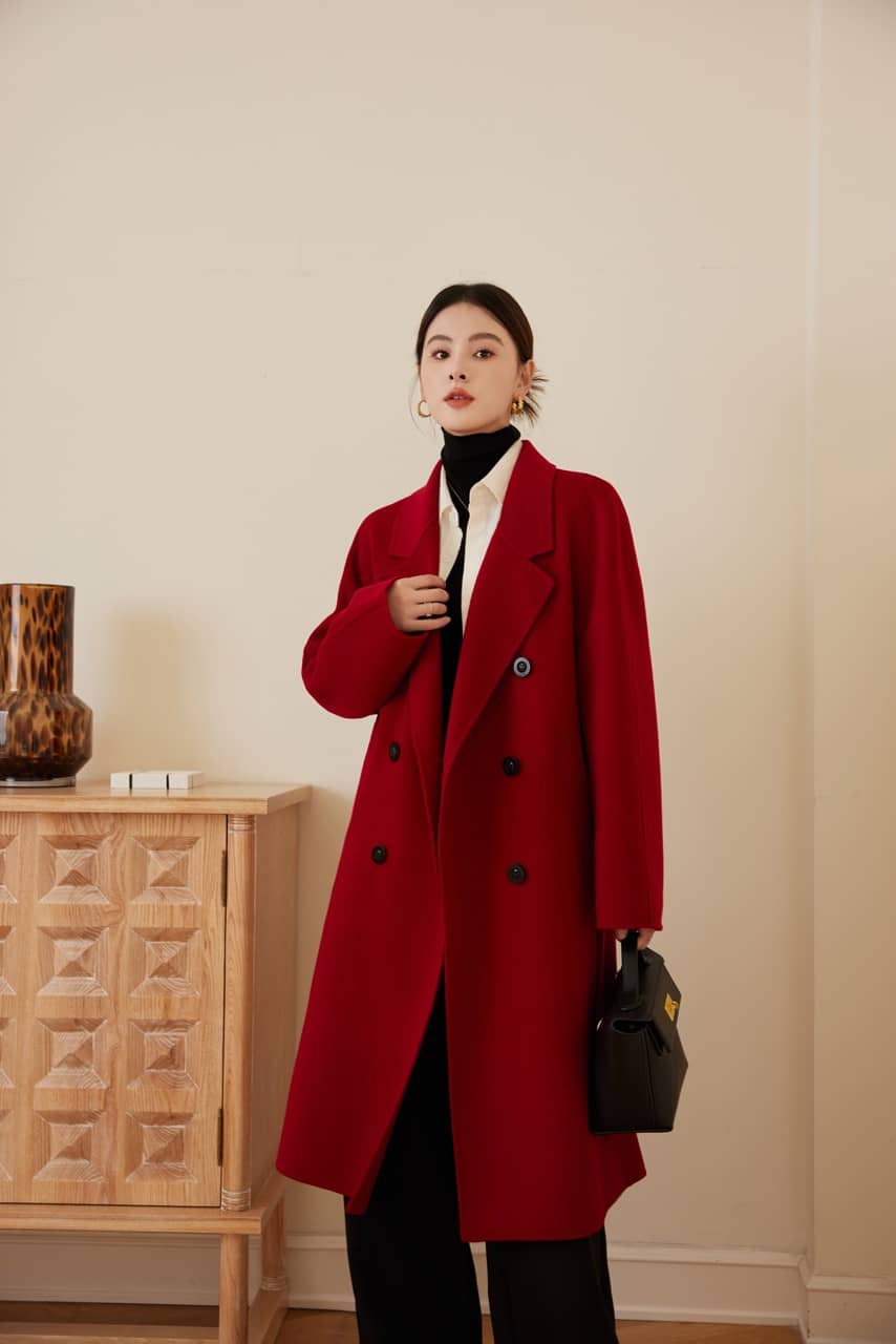 Max801 Red Double - faced Cashmere Coat | Autumn/Winter Long Double - breasted Woolen Jacket - 幽兹