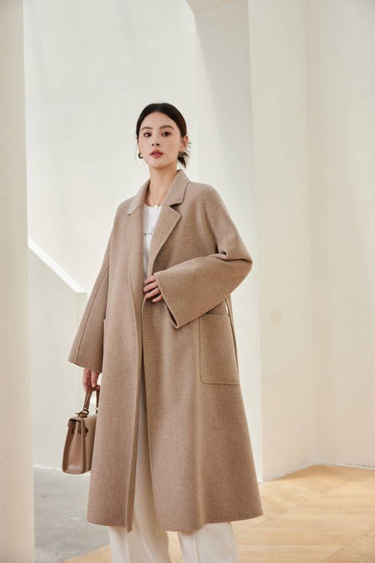 Women's Oat M Labbro Robe - Style Double - faced Cashmere Coat | Long Belted Woolen Jacket - 幽兹