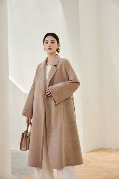 Women's Oat M Labbro Robe - Style Double - faced Cashmere Coat | Long Belted Woolen Jacket - 幽兹