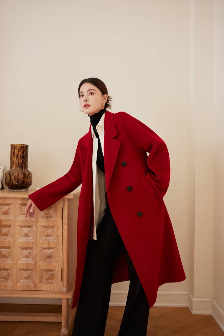 Max801 Red Double - faced Cashmere Coat | Autumn/Winter Long Double - breasted Woolen Jacket - 幽兹
