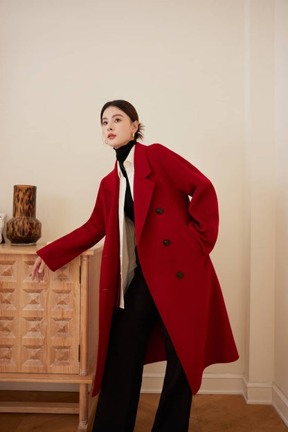 Max801 Red Double - faced Cashmere Coat | Autumn/Winter Long Double - breasted Woolen Jacket - 幽兹