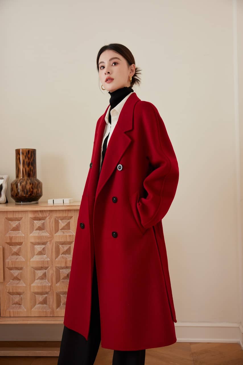 Max801 Red Double - faced Cashmere Coat | Autumn/Winter Long Double - breasted Woolen Jacket - 幽兹
