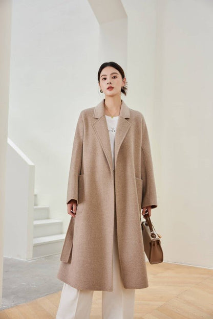 Women's Oat M Labbro Robe - Style Double - faced Cashmere Coat | Long Belted Woolen Jacket - 幽兹