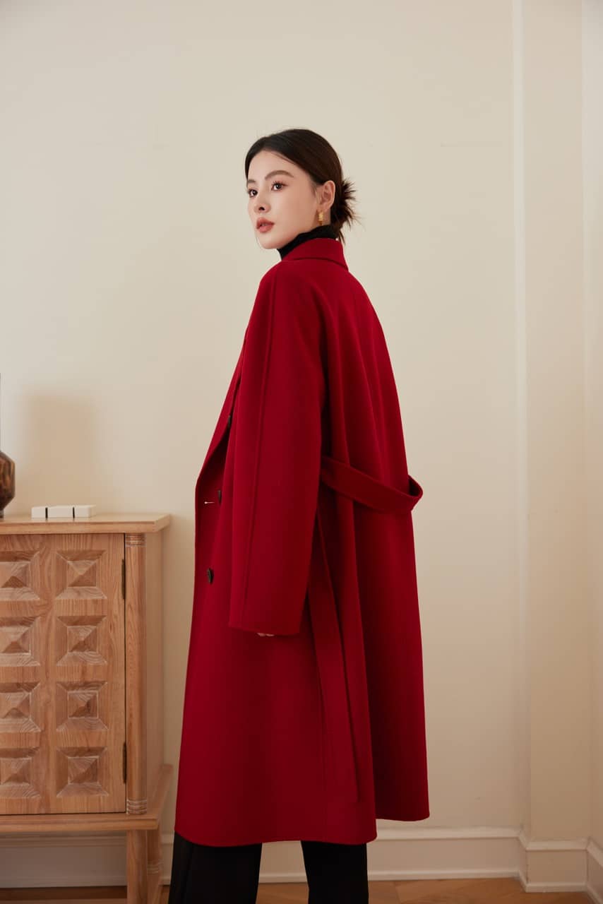 Max801 Red Double - faced Cashmere Coat | Autumn/Winter Long Double - breasted Woolen Jacket - 幽兹