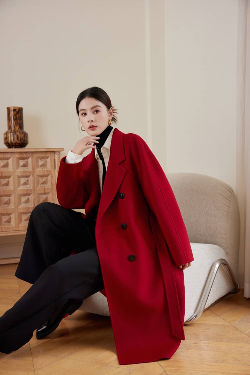 Max801 Red Double - faced Cashmere Coat | Autumn/Winter Long Double - breasted Woolen Jacket - 幽兹