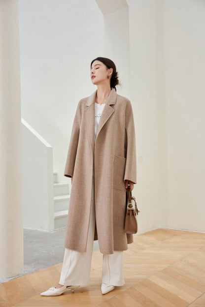 Women's Oat M Labbro Robe - Style Double - faced Cashmere Coat | Long Belted Woolen Jacket - 幽兹