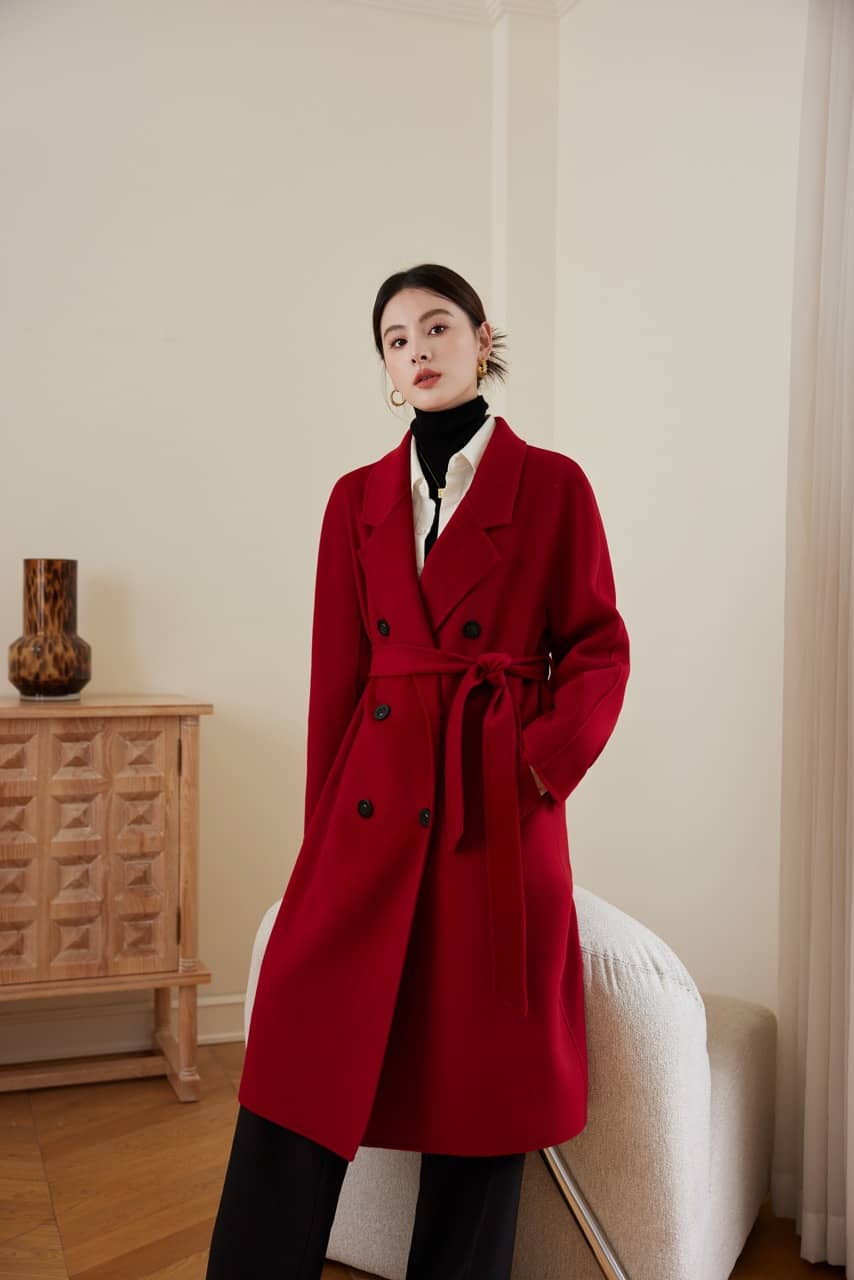 Max801 Red Double - faced Cashmere Coat | Autumn/Winter Long Double - breasted Woolen Jacket - 幽兹