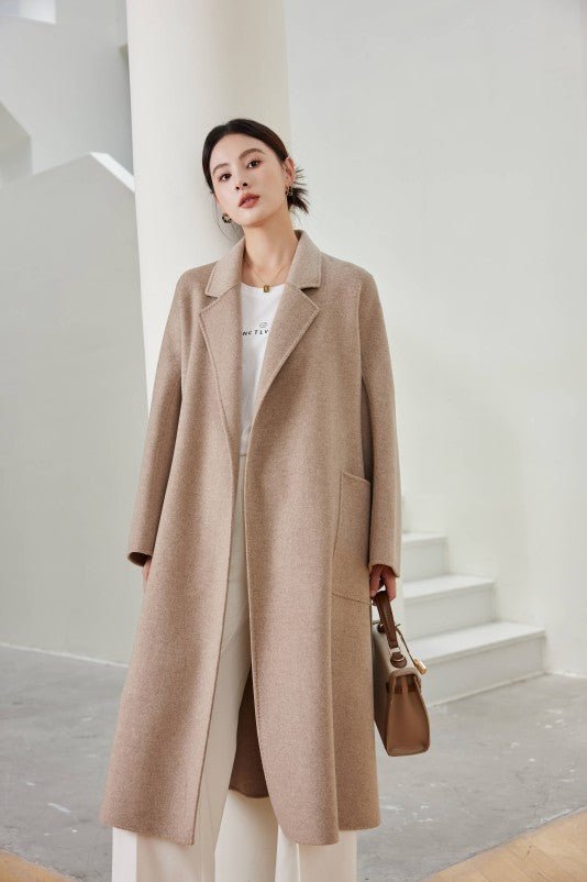 Women's Oat M Labbro Robe - Style Double - faced Cashmere Coat | Long Belted Woolen Jacket - 幽兹