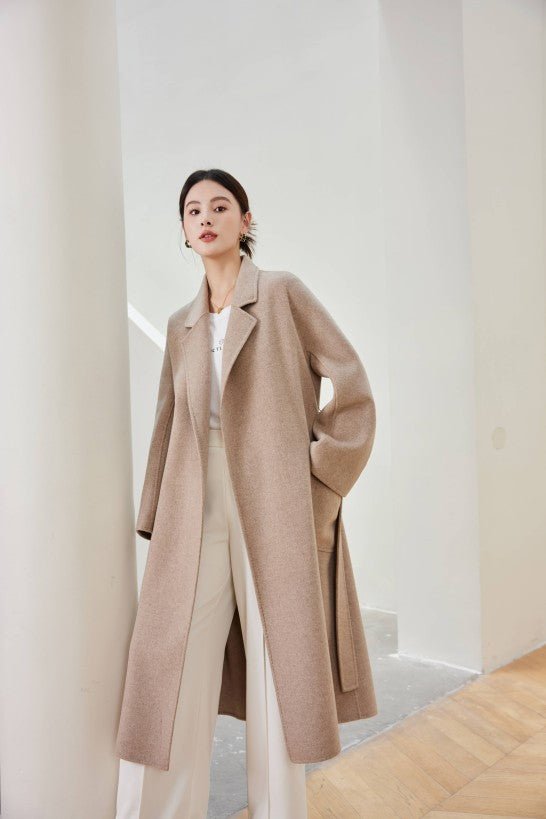 Women's Oat M Labbro Robe - Style Double - faced Cashmere Coat | Long Belted Woolen Jacket - 幽兹