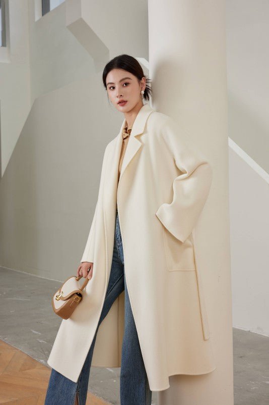 Women's White M Labbro Robe - Style Double - faced Cashmere Coat | Long Belted Woolen Jacket - 幽兹