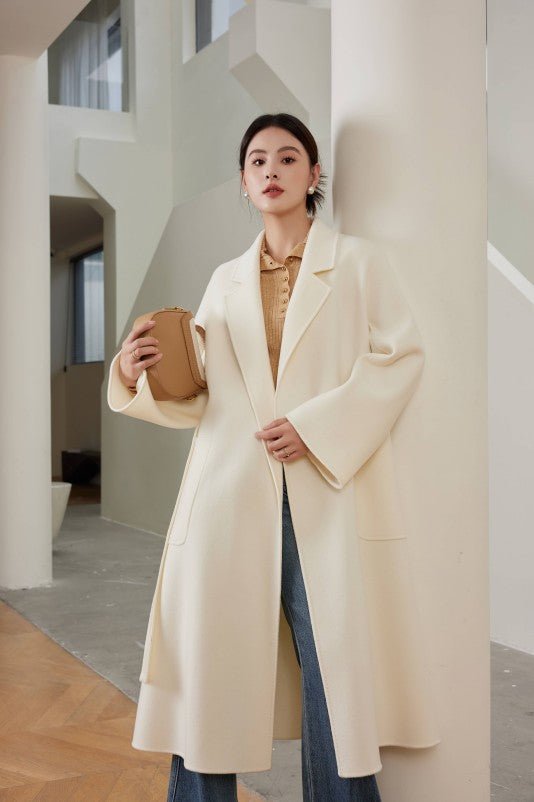 Women's White M Labbro Robe - Style Double - faced Cashmere Coat | Long Belted Woolen Jacket - 幽兹