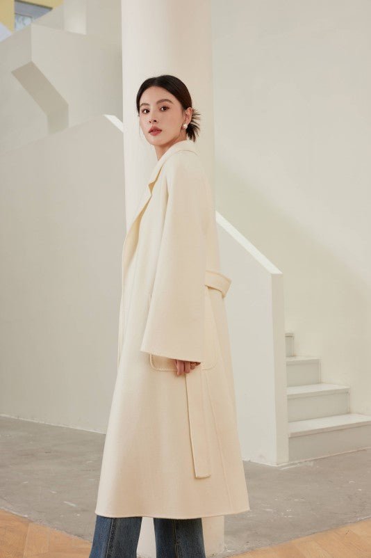 Women's White M Labbro Robe - Style Double - faced Cashmere Coat | Long Belted Woolen Jacket - 幽兹