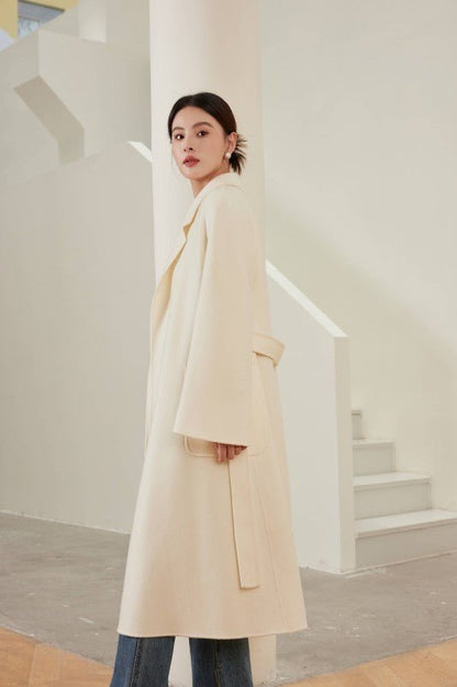 Women's White M Labbro Robe - Style Double - faced Cashmere Coat | Long Belted Woolen Jacket - 幽兹