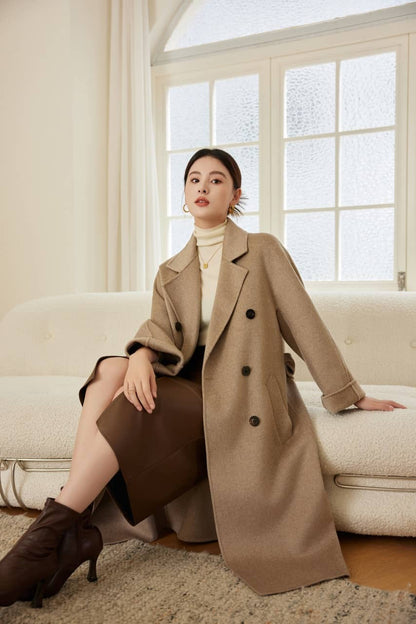 Max801 Khaki Double - faced Cashmere Coat | 2024 Autumn/Winter Long Double - breasted Woolen Jacket - 幽兹