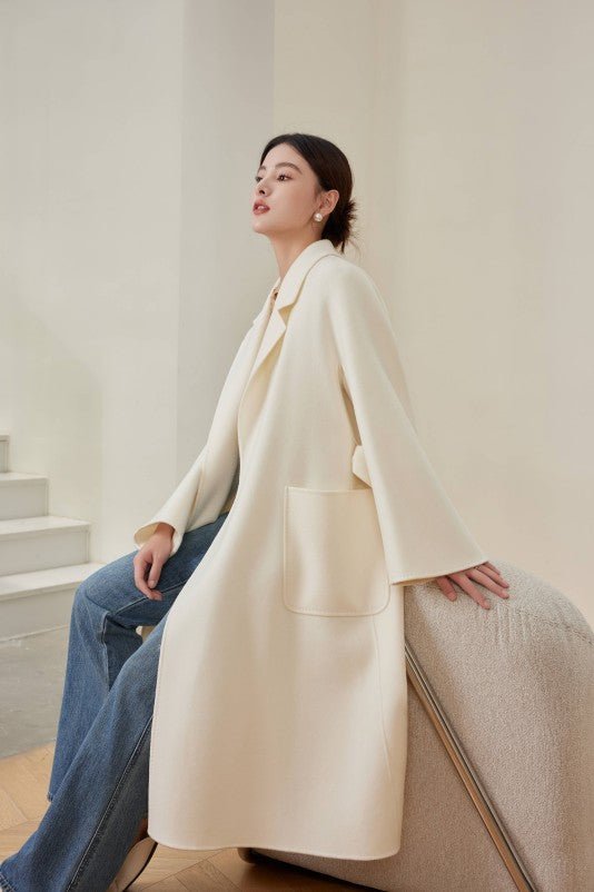 Women's White M Labbro Robe - Style Double - faced Cashmere Coat | Long Belted Woolen Jacket - 幽兹