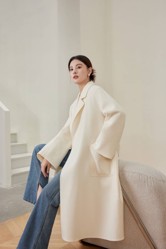Women's White M Labbro Robe - Style Double - faced Cashmere Coat | Long Belted Woolen Jacket - 幽兹