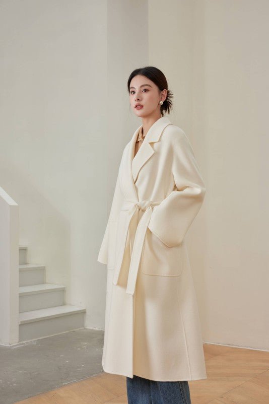 Women's White M Labbro Robe - Style Double - faced Cashmere Coat | Long Belted Woolen Jacket - 幽兹