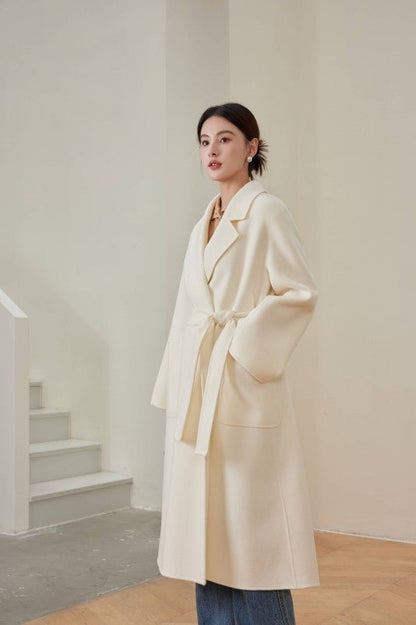 Women's White M Labbro Robe - Style Double - faced Cashmere Coat | Long Belted Woolen Jacket - 幽兹