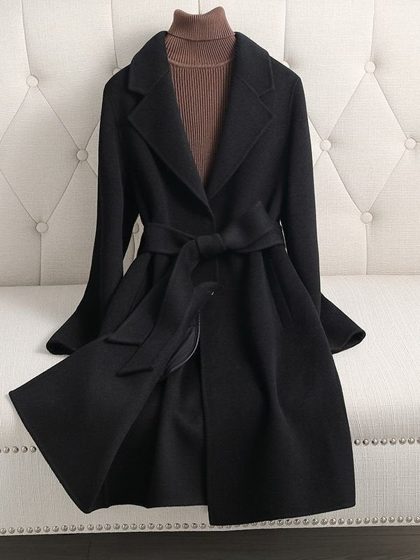 Women's Camel Double - faced Wool Coat with Belt, Mid - length - 幽兹