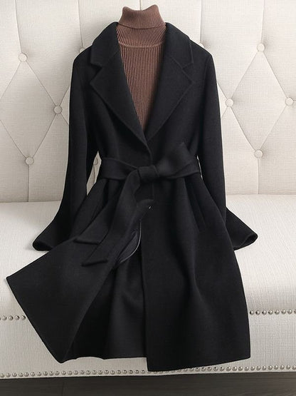 Women's Camel Double - faced Wool Coat with Belt, Mid - length - 幽兹
