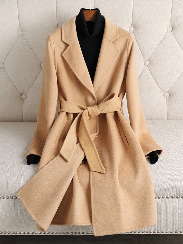 Women's Camel Double - faced Wool Coat with Belt, Mid - length - 幽兹