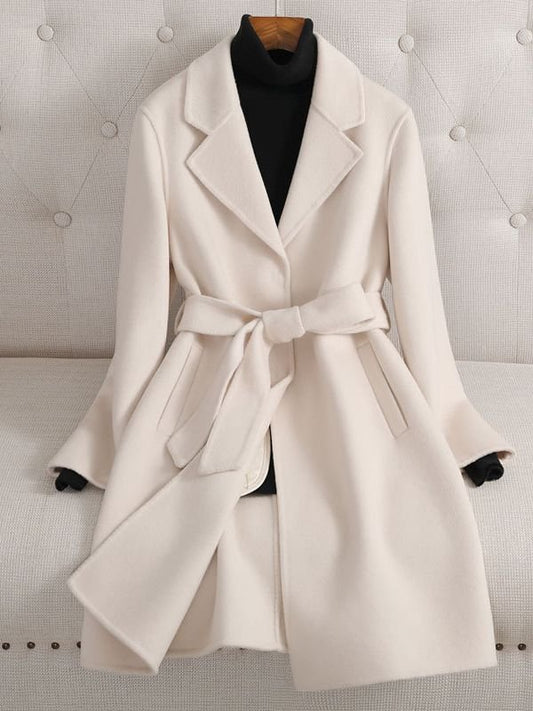 Women's Camel Double - faced Wool Coat with Belt, Mid - length - 幽兹