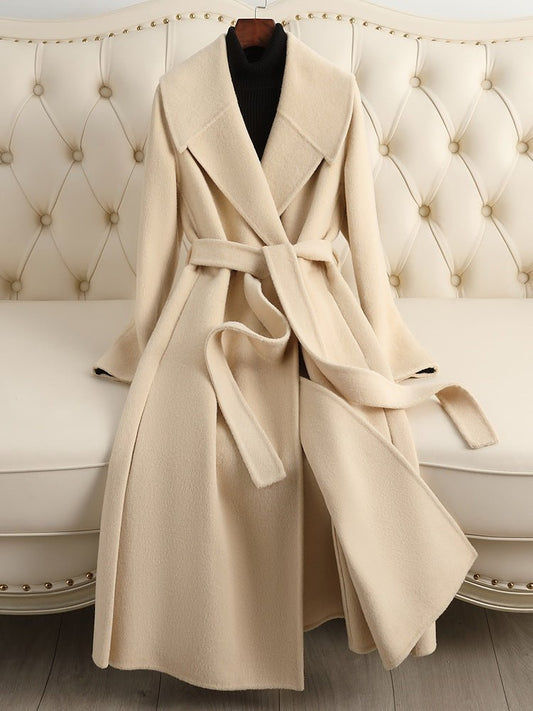Women's Candy - colored Double - faced Wool Coat | Belted Long Trench Style - 幽兹