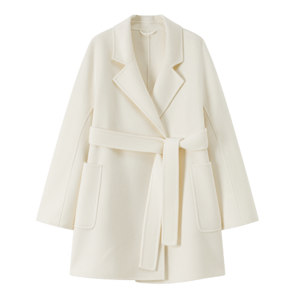 Women's White Mid - length Robe - style Double - faced Wool Coat | Petite - Friendly, High - end Elegance - 幽兹