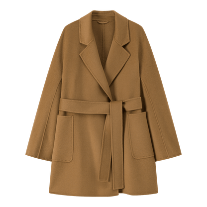 Women's Camel Mid - length Robe - style Double - faced Wool Coat | Petite - Friendly, High - end Elegance - 幽兹
