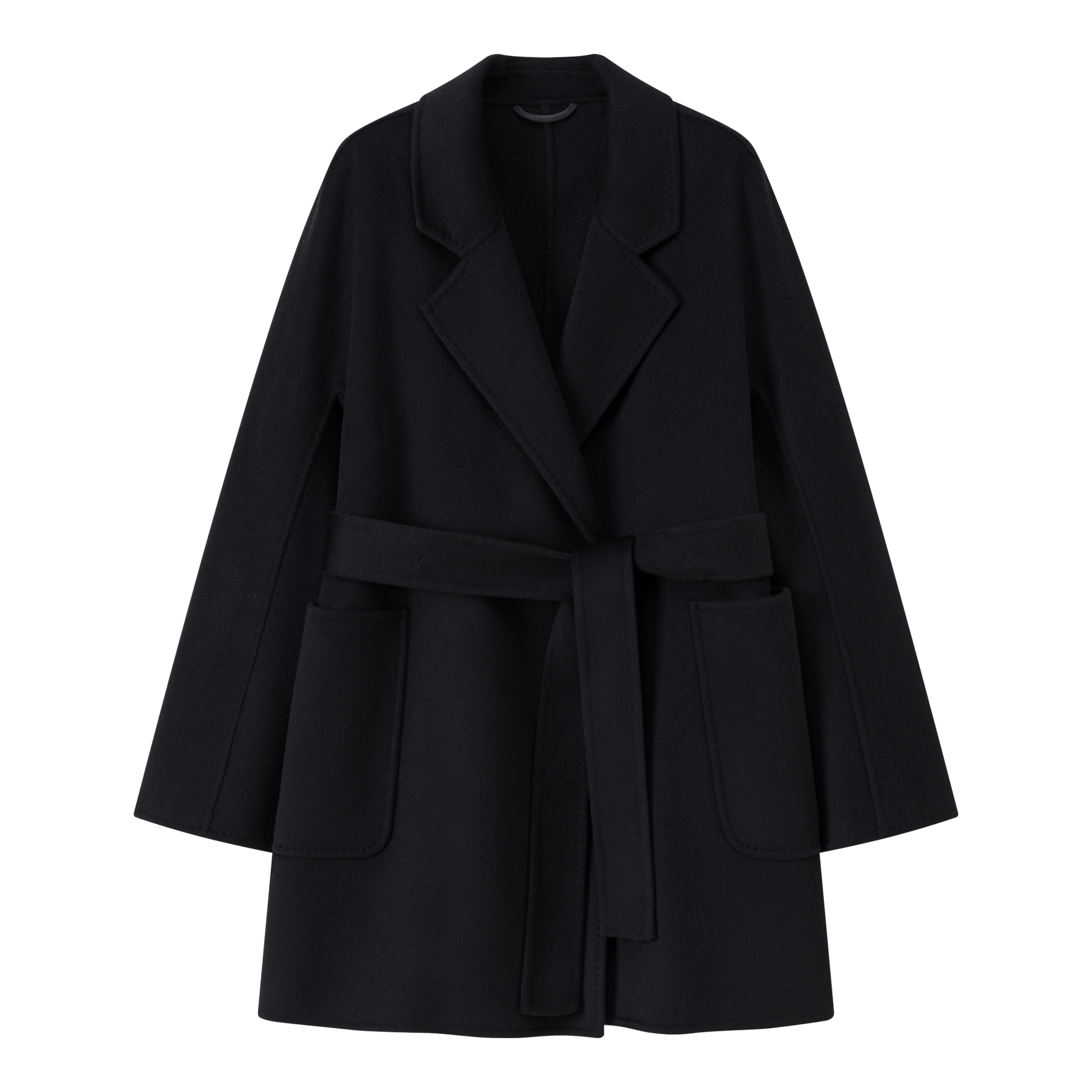 Women's Black Mid - length Robe - style Double - faced Wool Coat | Petite - Friendly, High - end Elegance - 幽兹