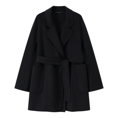 Women's Black Mid - length Robe - style Double - faced Wool Coat | Petite - Friendly, High - end Elegance - 幽兹