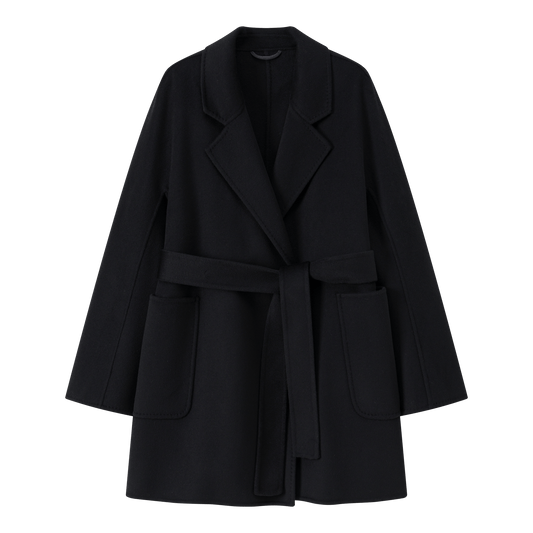 Women's Black Mid - length Robe - style Double - faced Wool Coat | Petite - Friendly, High - end Elegance - 幽兹