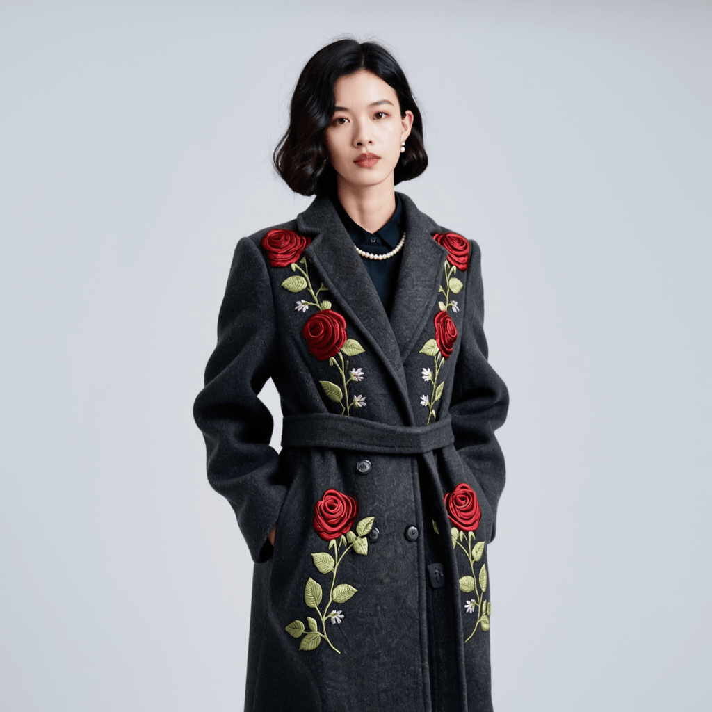 Custom Hand - Embroidered Wool Coat | 7 - Day Handmade Lead Time, Unique Floral Design - 幽兹