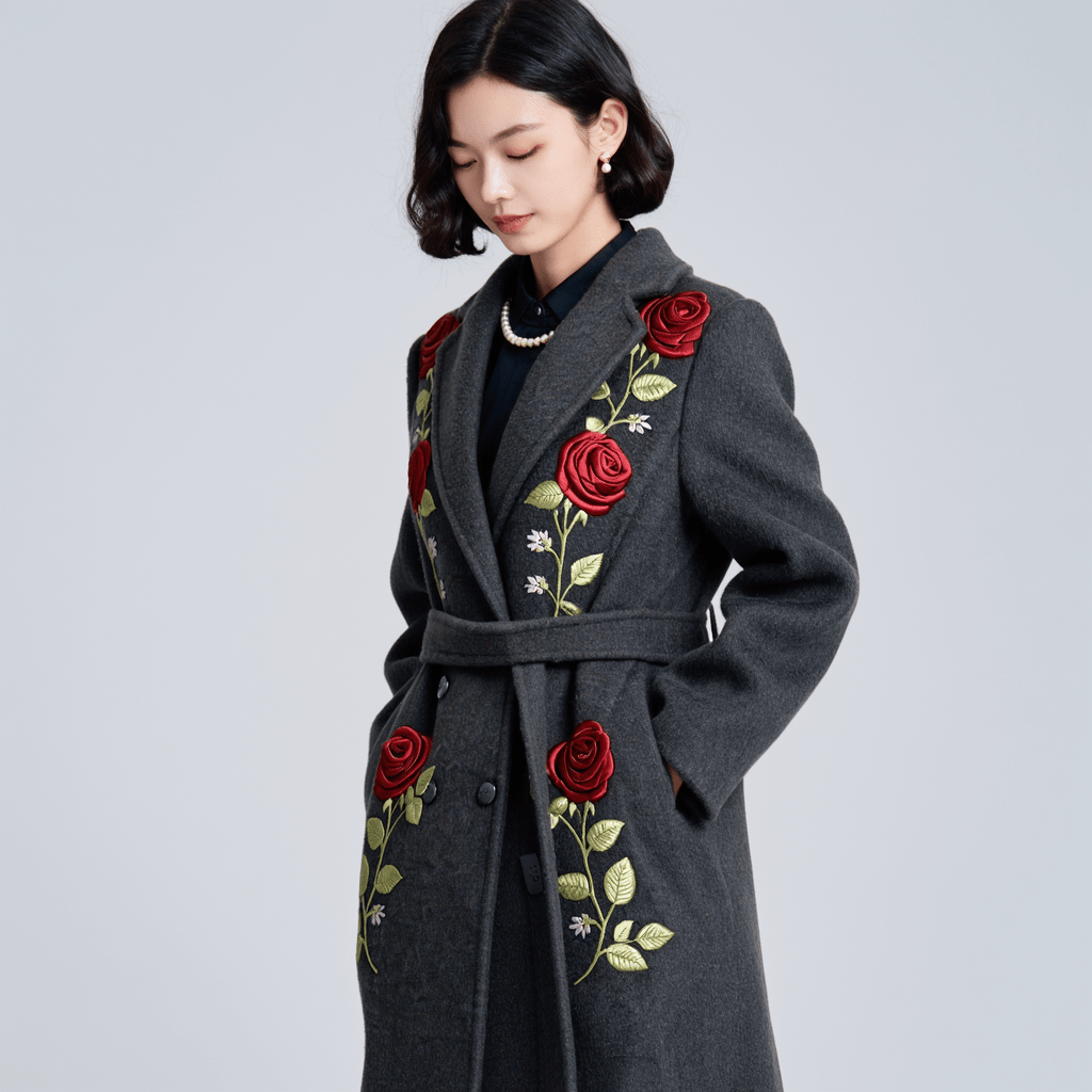 Custom Hand - Embroidered Wool Coat | 7 - Day Handmade Lead Time, Unique Floral Design - 幽兹